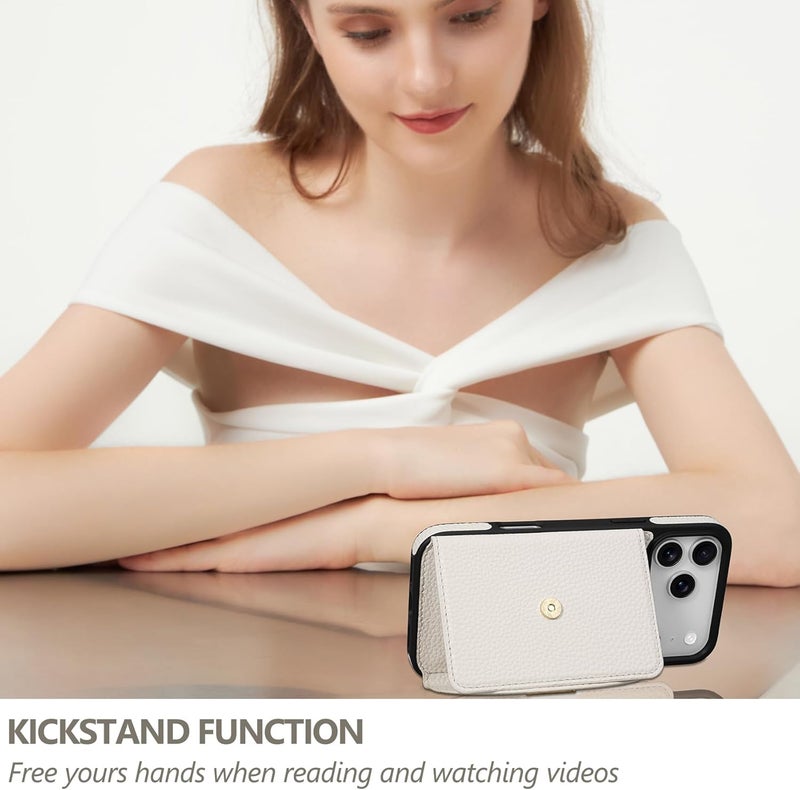 Keallce Wallet Case for iPhone 17 Pro Max 6.9'', Flip Case with RFID Blocking Card Holder Slots Kickstand, PU Leather Protective Folio Cover for Women, Beige - Image 4